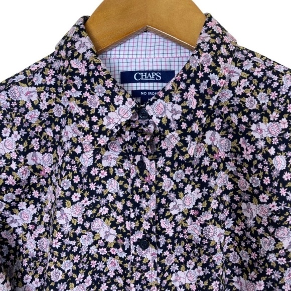 Chaps No Iron Button Down Shirt Black/Pink Ditsy Floral Contrasting Cuffs M - Picture 7 of 15